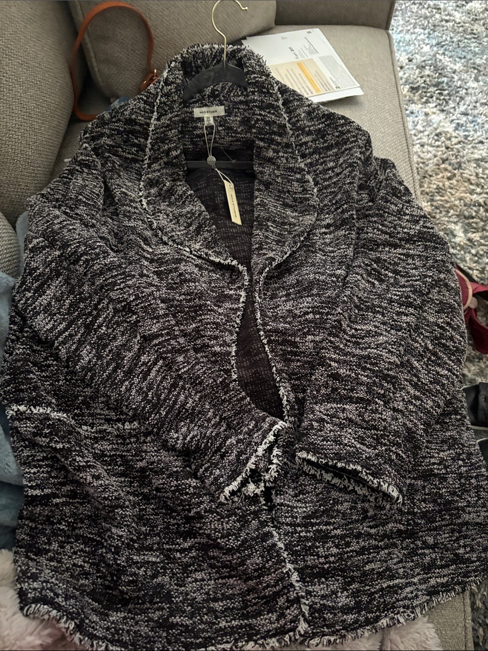 Max Studio Black and White Tweed Open-Front Blazer Jacket